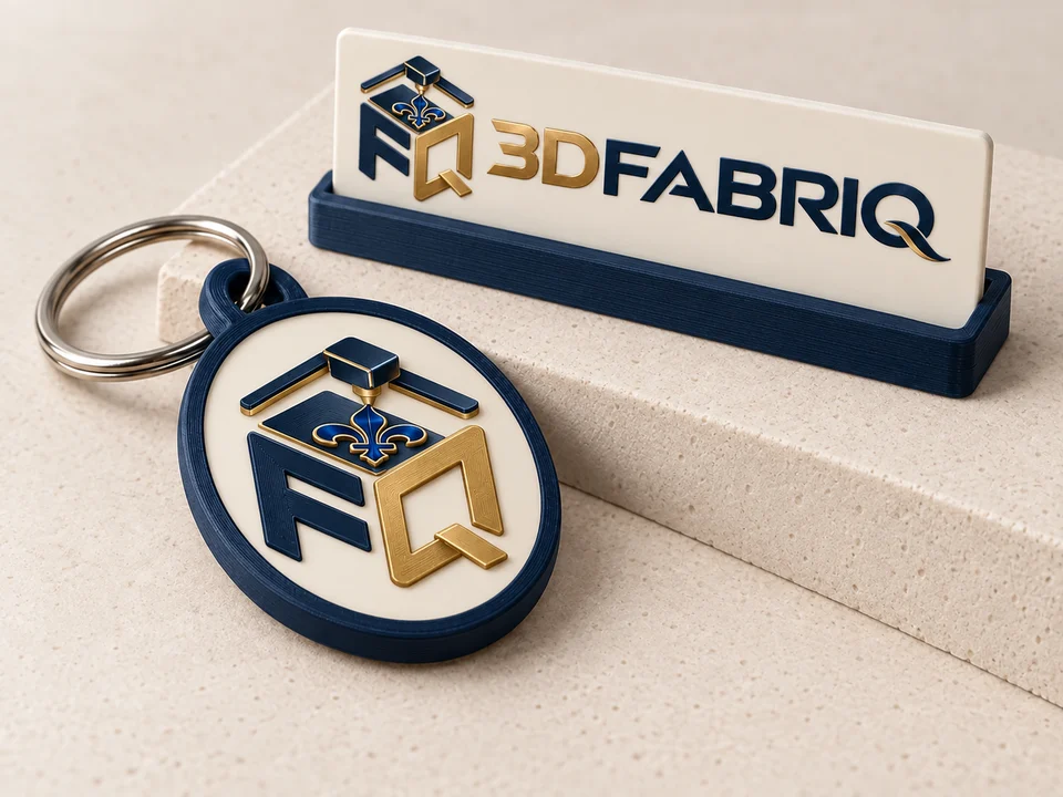 Concept de plaque et de porte-clé 3DFabriq en relief, bleu nuit et doré.